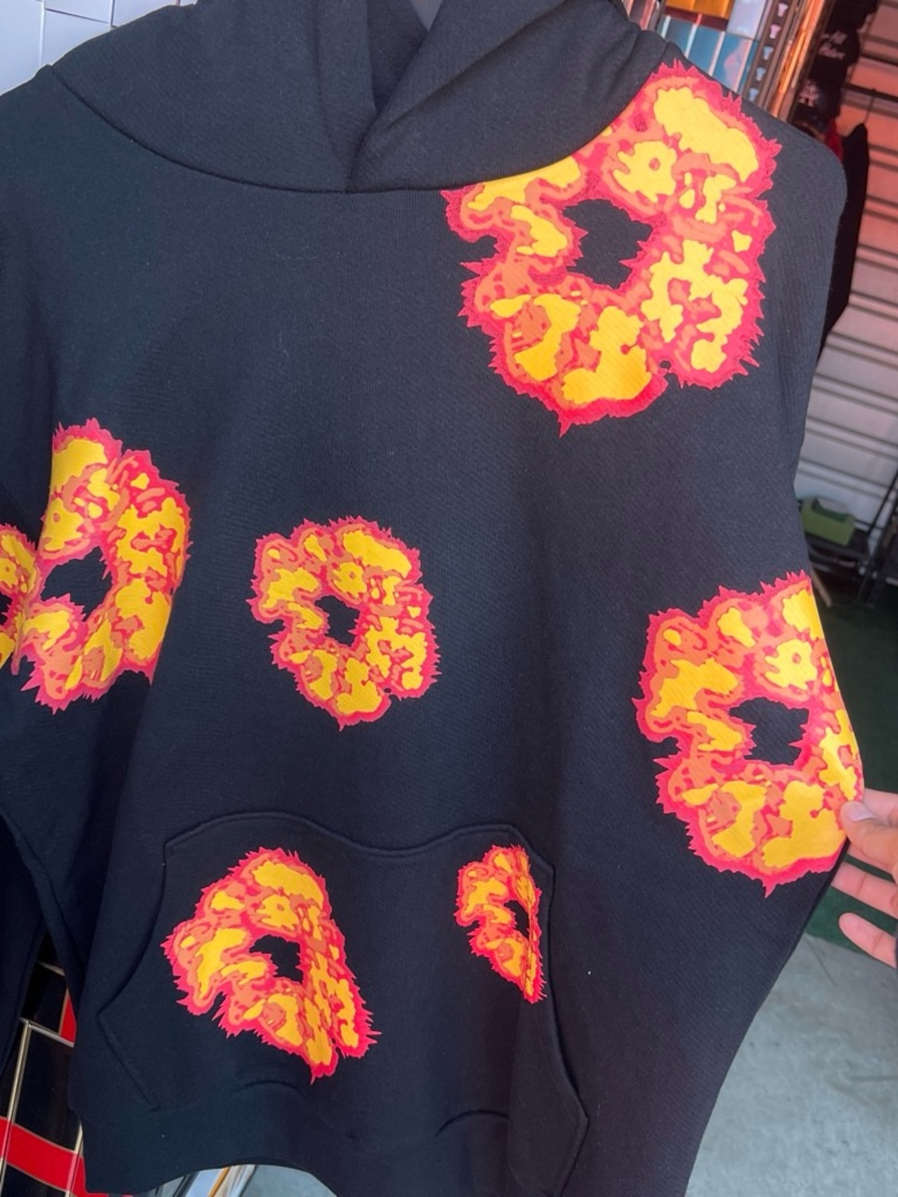 Men's Black Hoodie Sweater with Red & Yellow Floral Accent